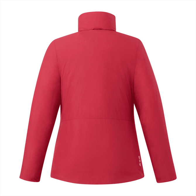 A women's insulated puffer jacket in vibrant red with a high collar and long sleeves, featuring branding on the side.