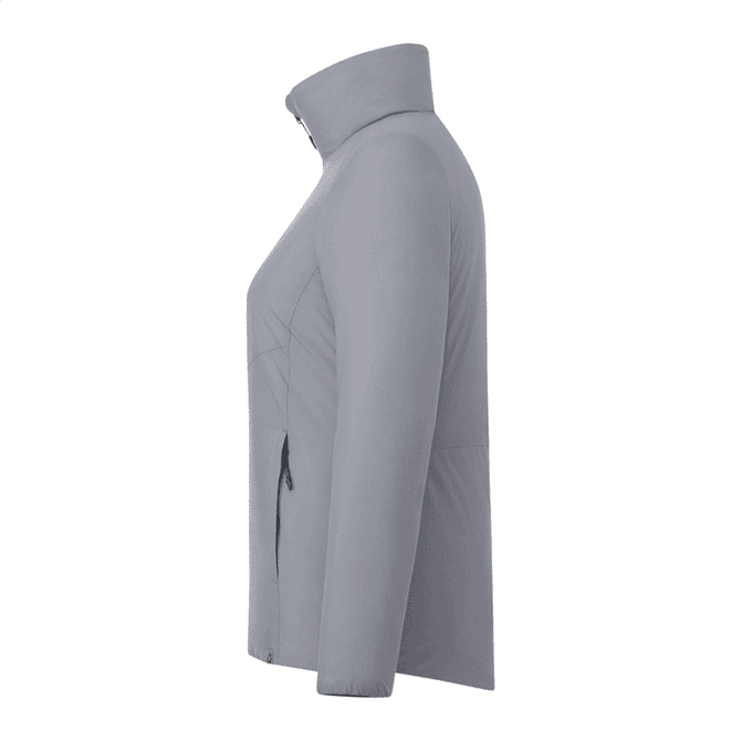 A light grey women's puffer jacket featuring a zip front and side pockets, with a logo on the chest.