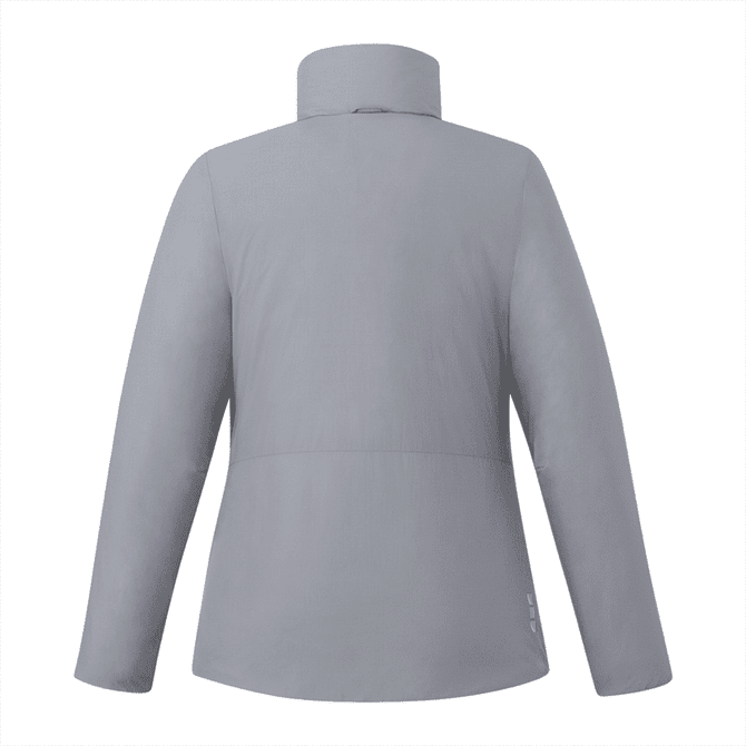 A grey women's insulated puffer jacket with a high collar and a smooth finish, featuring a logo on the back.