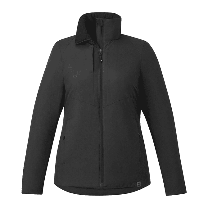 A black insulated puffer jacket for women with a zip front, high collar, and two side pockets.