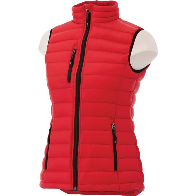 A red women's down vest with a high collar and zippered pockets, featuring a logo on the front.