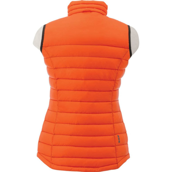 An orange women's down vest with a fitted design and a high collar, featuring a logo branding.