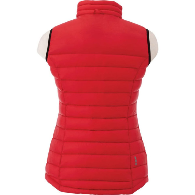 A red women's down vest with a high collar and a quilted texture, featuring a logo on the lower side.
