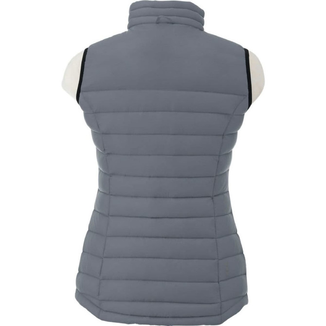 A grey women's light down vest with a high collar and stitched panels, featuring a logo on the back.