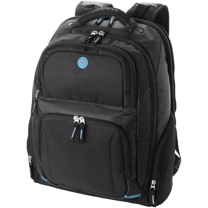 A black laptop backpack with multiple pockets and zippers, featuring a blue accent and a logo.