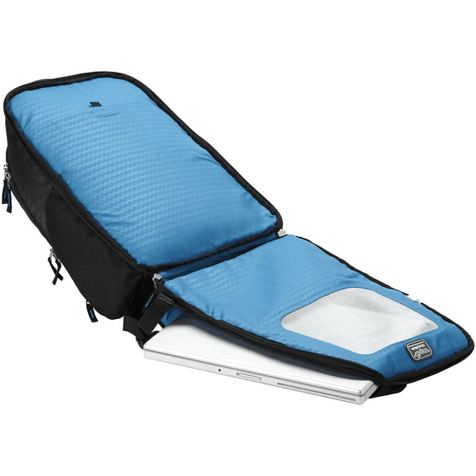 A laptop backpack featuring a blue interior and black exterior, with a padded compartment for a laptop.