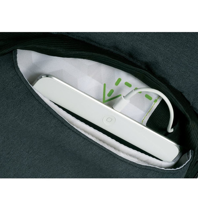 A green backpack features a white item in a pocket, with a visible charging cable. The interior has a geometric pattern.