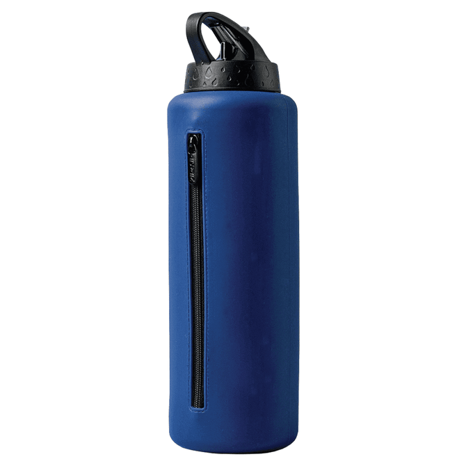 A drink bottle in navy blue with a textured black lid and a zippered compartment on the side.