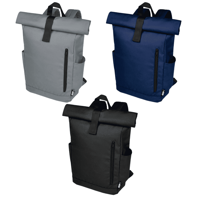 A roll-top backpack featuring grey, navy, and black colours, with side pockets and a logo.