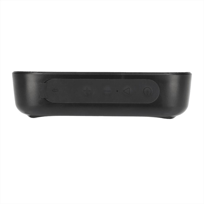 A black Bluetooth speaker featuring control buttons on the side and a sleek, minimalist design.