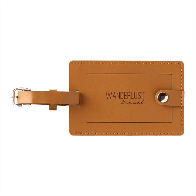 A brown bio leather luggage tag with a strap, featuring a logo in a simple design.