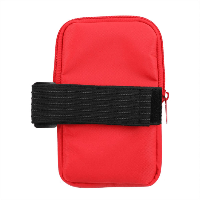 A drink bottle pouch in bright red, featuring a zip closure and a black elastic strap. It includes a logo.