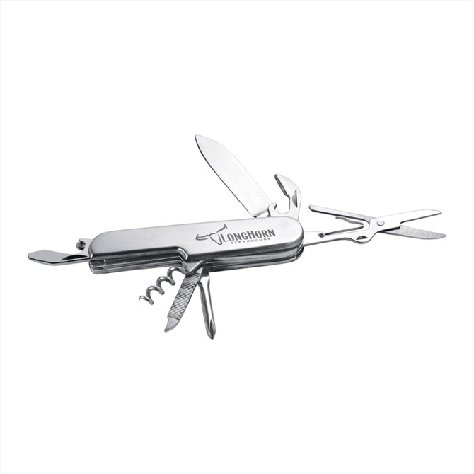 A stainless steel 8-function knife featuring various tools including blades, scissors, and a corkscrew. It has a logo.