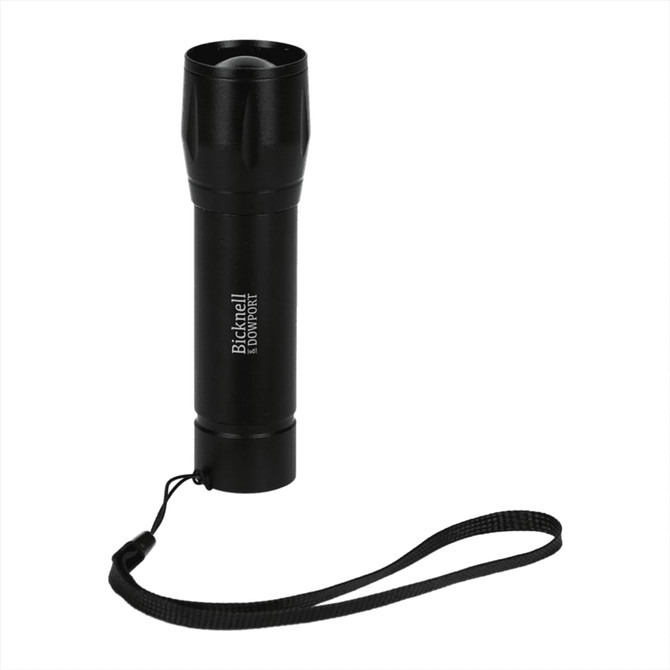 A black Mini Rechargeable 50 Lumen Flashlight with a wrist strap and a logo. Perfect for keyrings and tools.