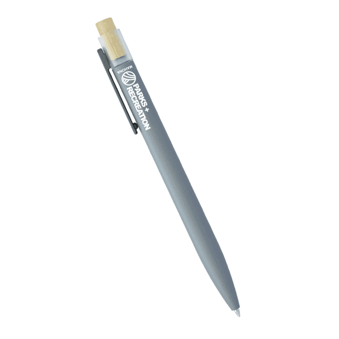 A recycled aluminium pen in grey with a bamboo clicker and a logo on the side.