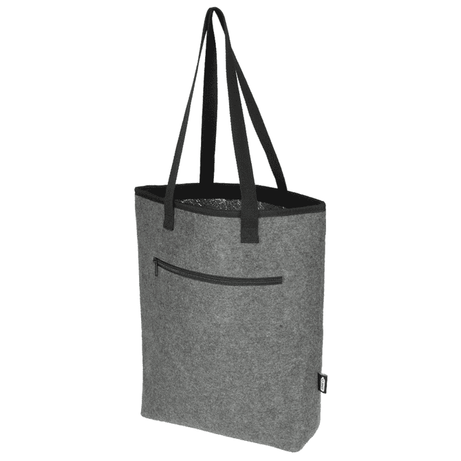 A grey felt cooler tote bag with black handles and a zippered pocket, featuring a branded label.