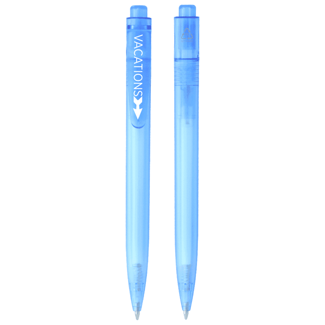 A blue ballpoint pen with a transparent barrel and a visible pen tip. Features a logo on the barrel.