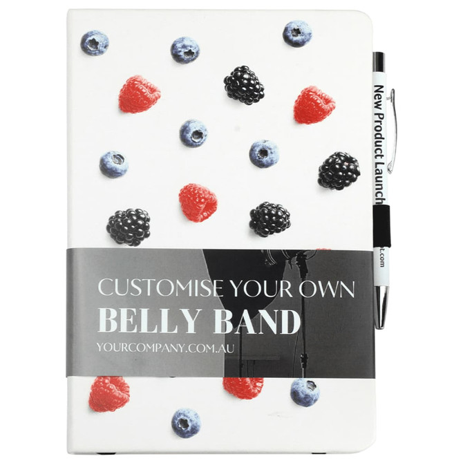 A white bound journal with mixed berry illustrations on the cover, featuring a pen and a branding logo.