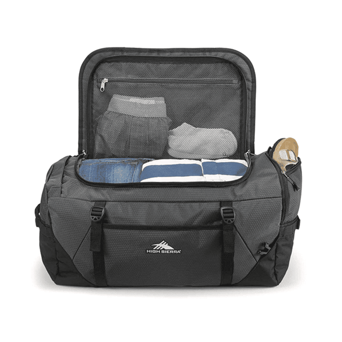 A grey duffel backpack opened to reveal neatly folded clothes and a drink bottle inside. It features a logo on the front.