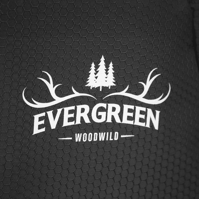A textured, black fabric displaying a logo with trees and antlers, featuring the words "Evergreen Woodwild."