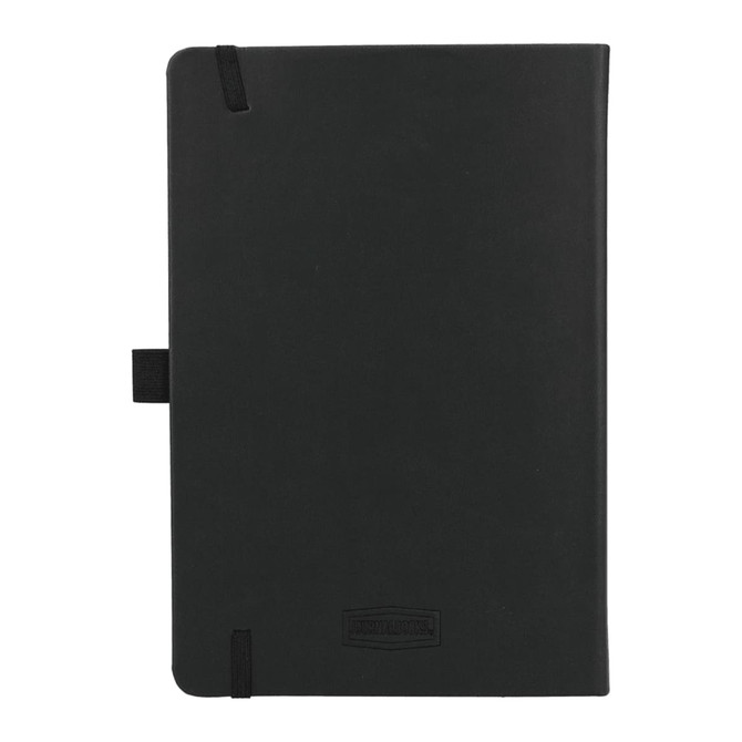 A black hardbound journal with an elastic closure and a logo, suitable for office and business use.