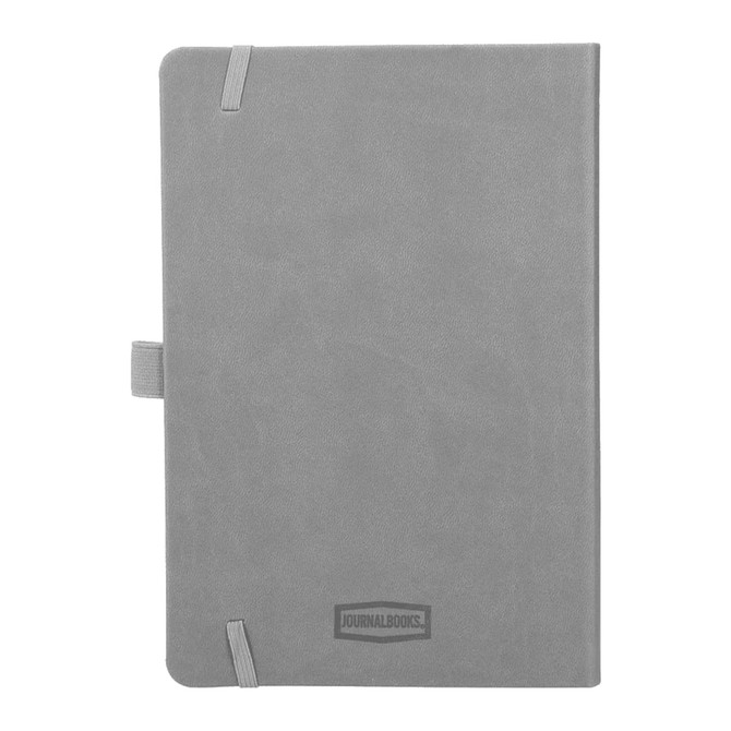 A grey hardbound journal with a textured cover, featuring a logo and an elastic closure.