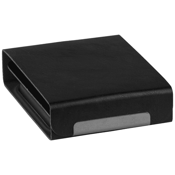 A black multi-media charger featuring a sleek design with a metallic accent and a subtle logo.