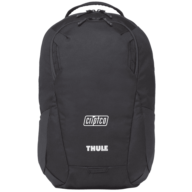 A black backpack with structured design, featuring a logo, suitable for carrying laptops and other items.