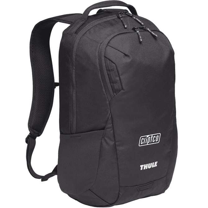 A black laptop backpack featuring padded shoulder straps and a zippered main compartment. It has a logo on the front.