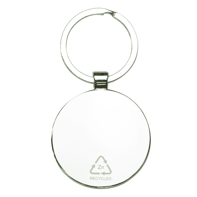 A circular keyring made from recycled zinc alloy with a shiny metal finish and a simple design.