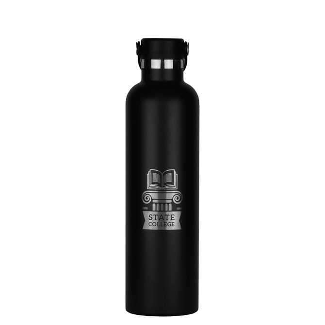 A drink bottle in matte black stainless steel with a silver logo featuring an open book and a column.