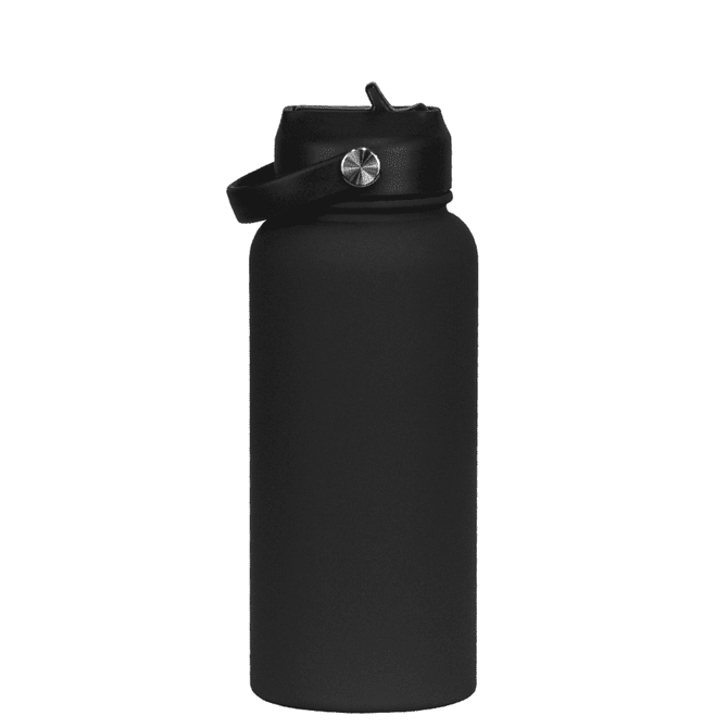 A drink bottle with a rubber-coated black finish, featuring a cap and a handle. It has a logo on the side.