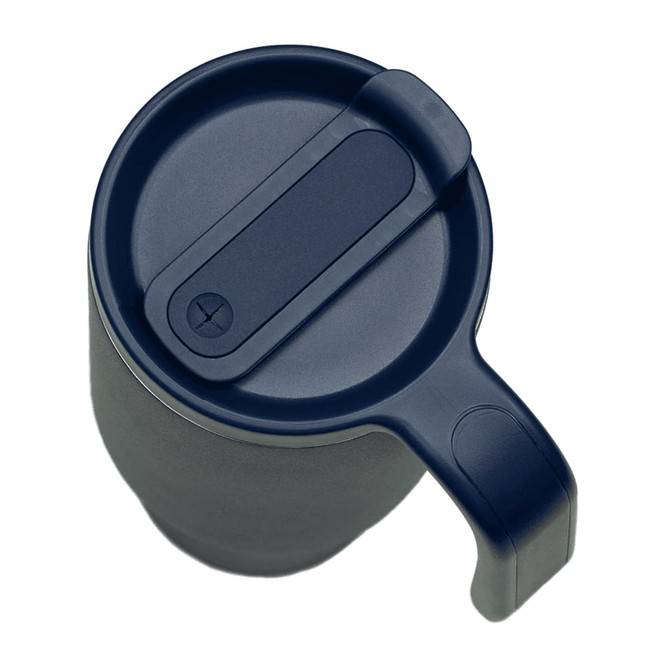 A drink bottle in navy blue with a handle and a secure lid, made from recycled material. Features a logo.