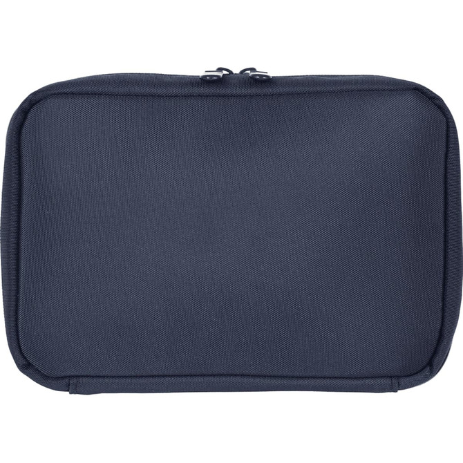 A navy organiser pouch with a zip closure, featuring a plain surface and a logo.