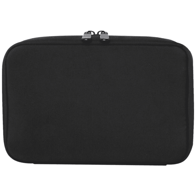 A black organiser pouch featuring a zip closure and a logo, designed for miscellaneous items.