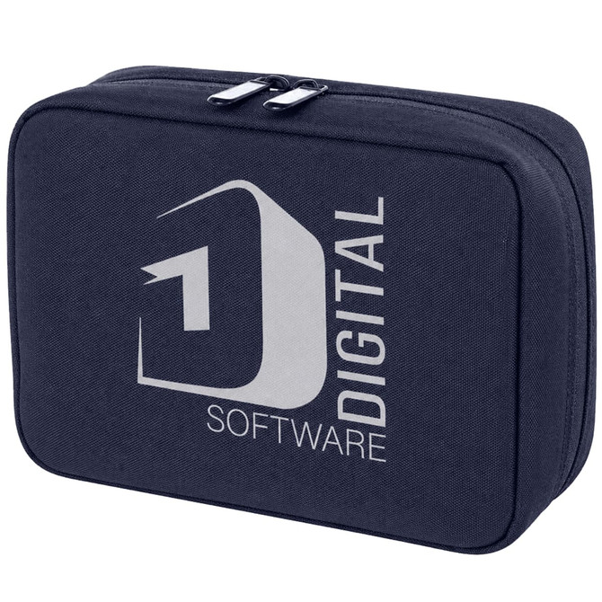 A navy organiser pouch with a zip closure and a logo on the front. The pouch has a rectangular shape.