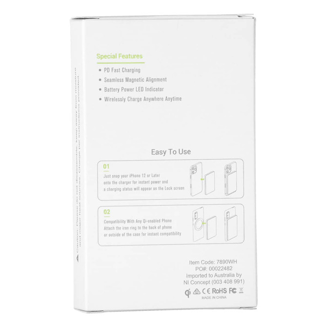 A white box containing the Magnetic Power Bank 5000 mAh, featuring fast charging and a battery level indicator.
