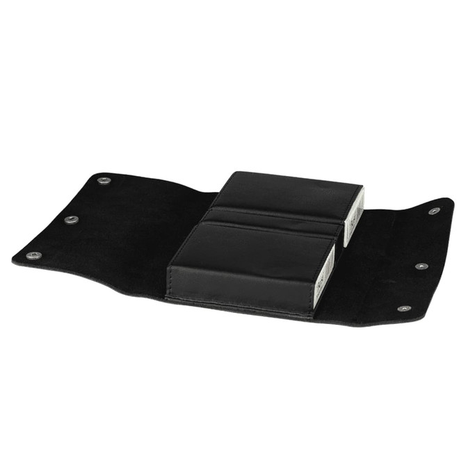 A black leather cover opens to reveal two card sets, featuring a smooth texture and snap closures.