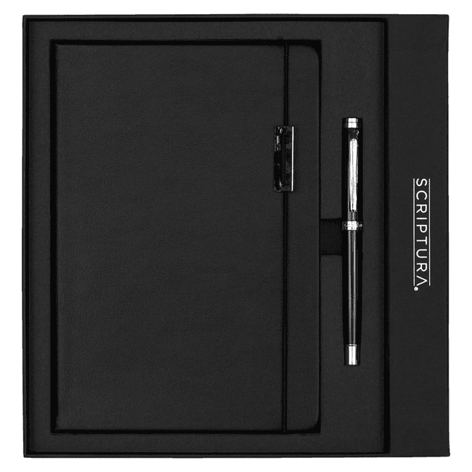 A black notebook with a pen, presented in a sleek black gift box, featuring a logo on the packaging.