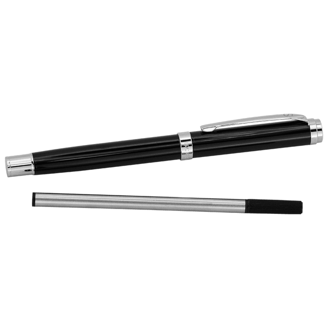 A black pen with silver accents and a separate black ink refill, packaged together as a gift set.