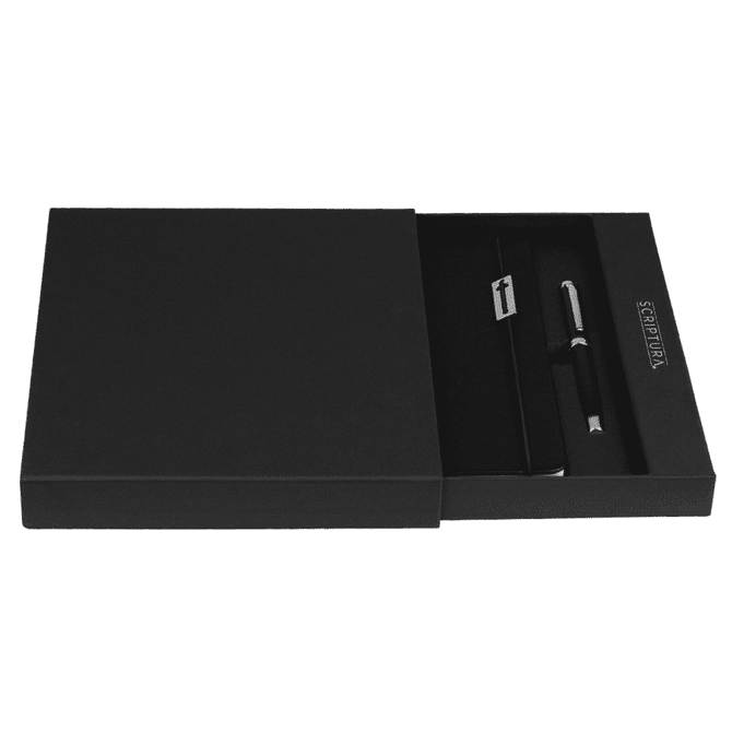 A black gift set featuring a notebook and pen, presented in an elegant black box with branding.
