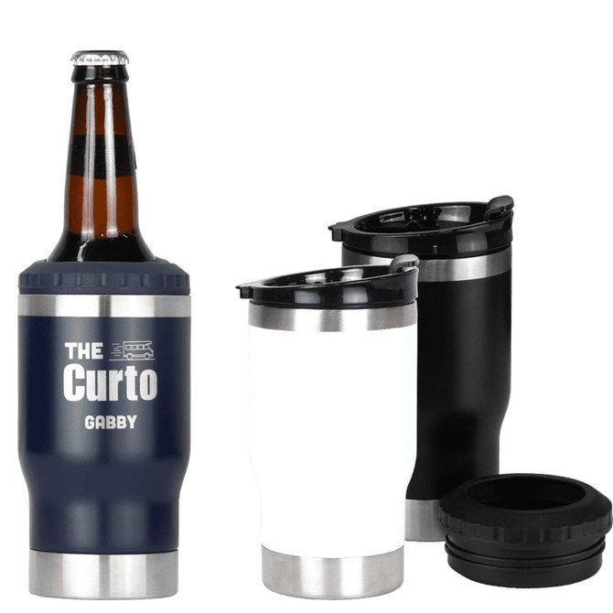 A drink bottle set featuring a navy blue cooler, a white tumbler, and a black tumbler, each with a lid and branding.