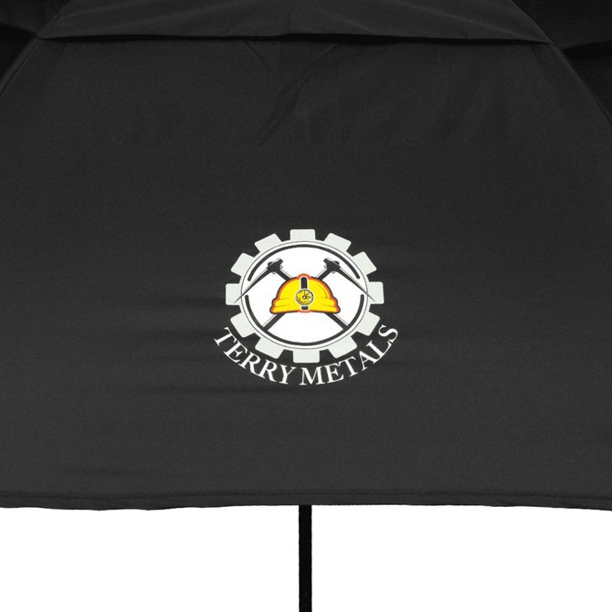 A black vented golf umbrella featuring a logo with a gear design.