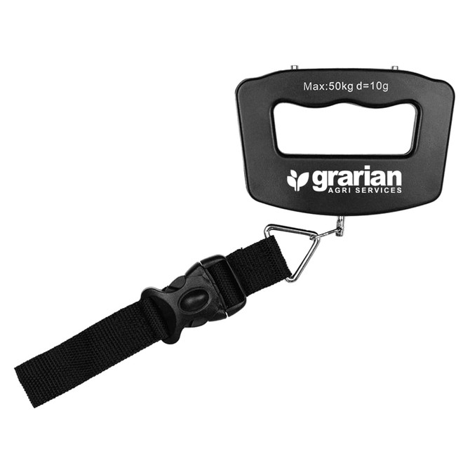 A black luggage scale with a handle and a strap, featuring a logo. Maximum capacity is 50kg.