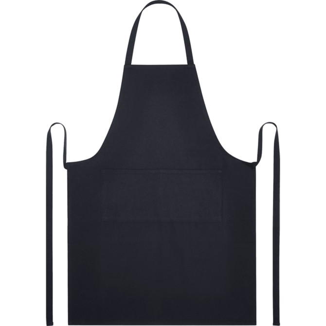 A black apron made from 240 g/m² recycled material, featuring a front pocket and adjustable ties.