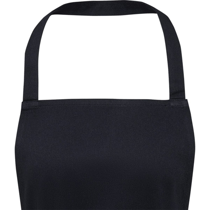 A black apron made from 240 g/m² recycled material, featuring a neck strap and a simple design.