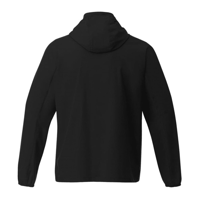 A black men's packable rain jacket featuring a hood and long sleeves. It includes a logo on the back.