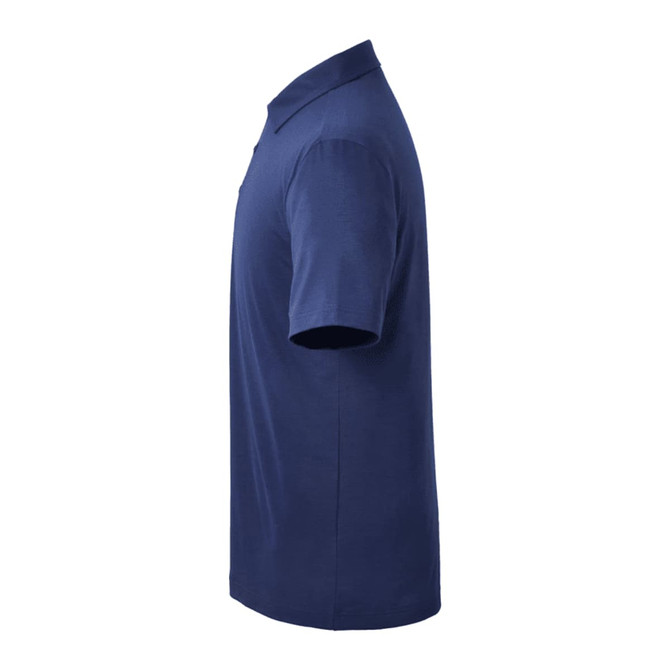 A navy blue men's polo shirt with a classic collar and short sleeves, featuring a logo on the chest.