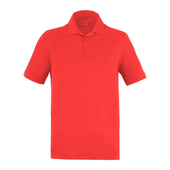 A red men's polo shirt featuring a collar, short sleeves, and a branded logo.