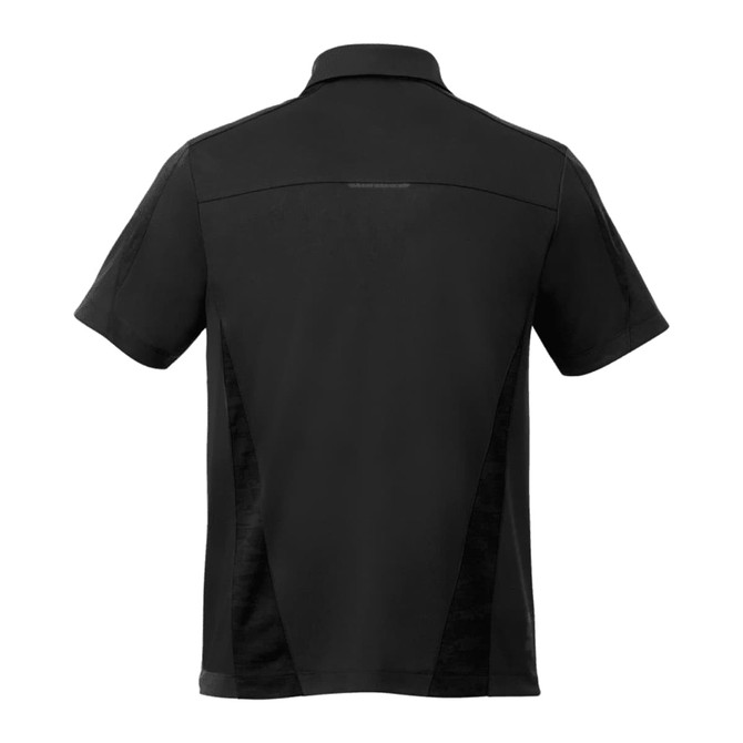 A black short sleeve performance polo shirt featuring a collar and a logo on the back.